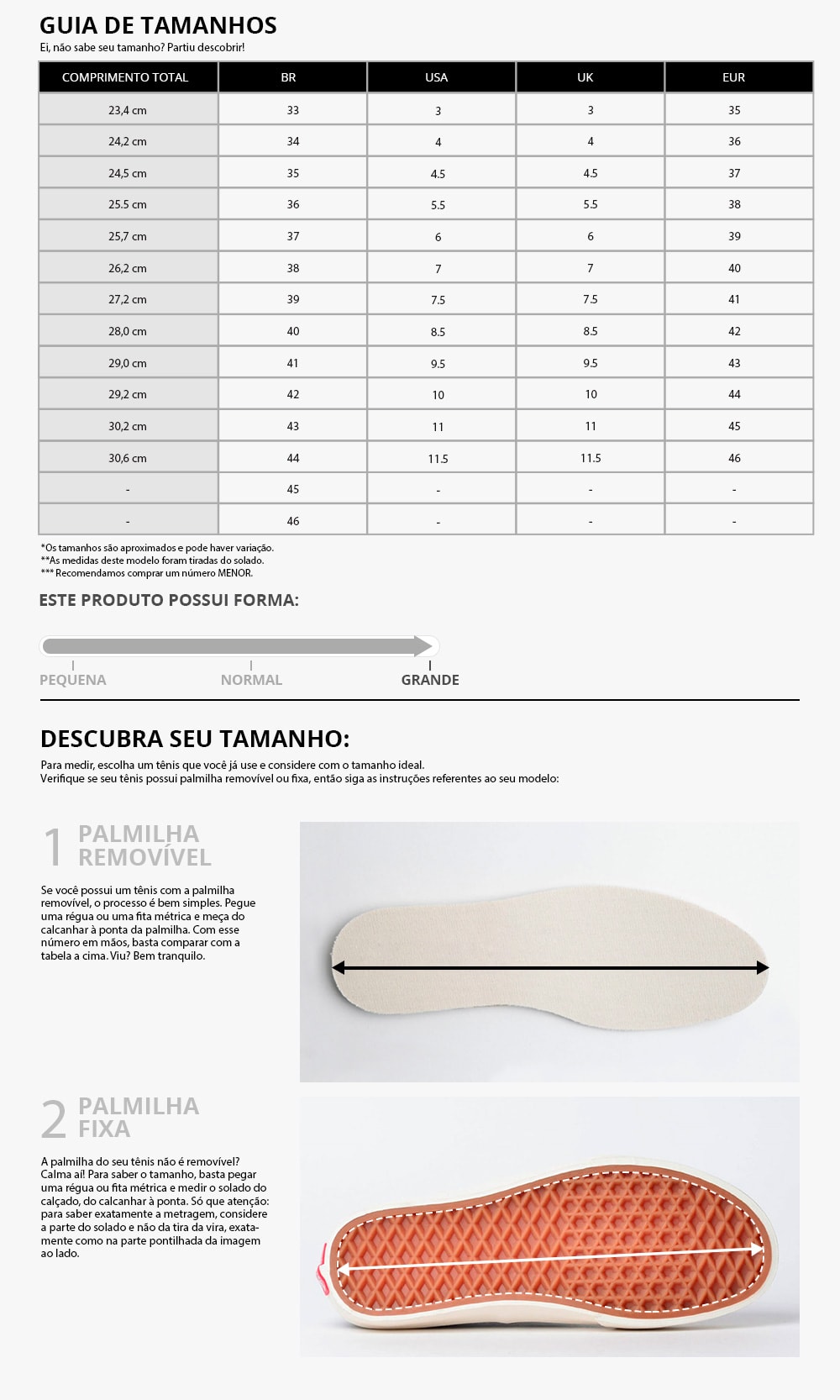  tabela de medidas Chuck 70 Nacional