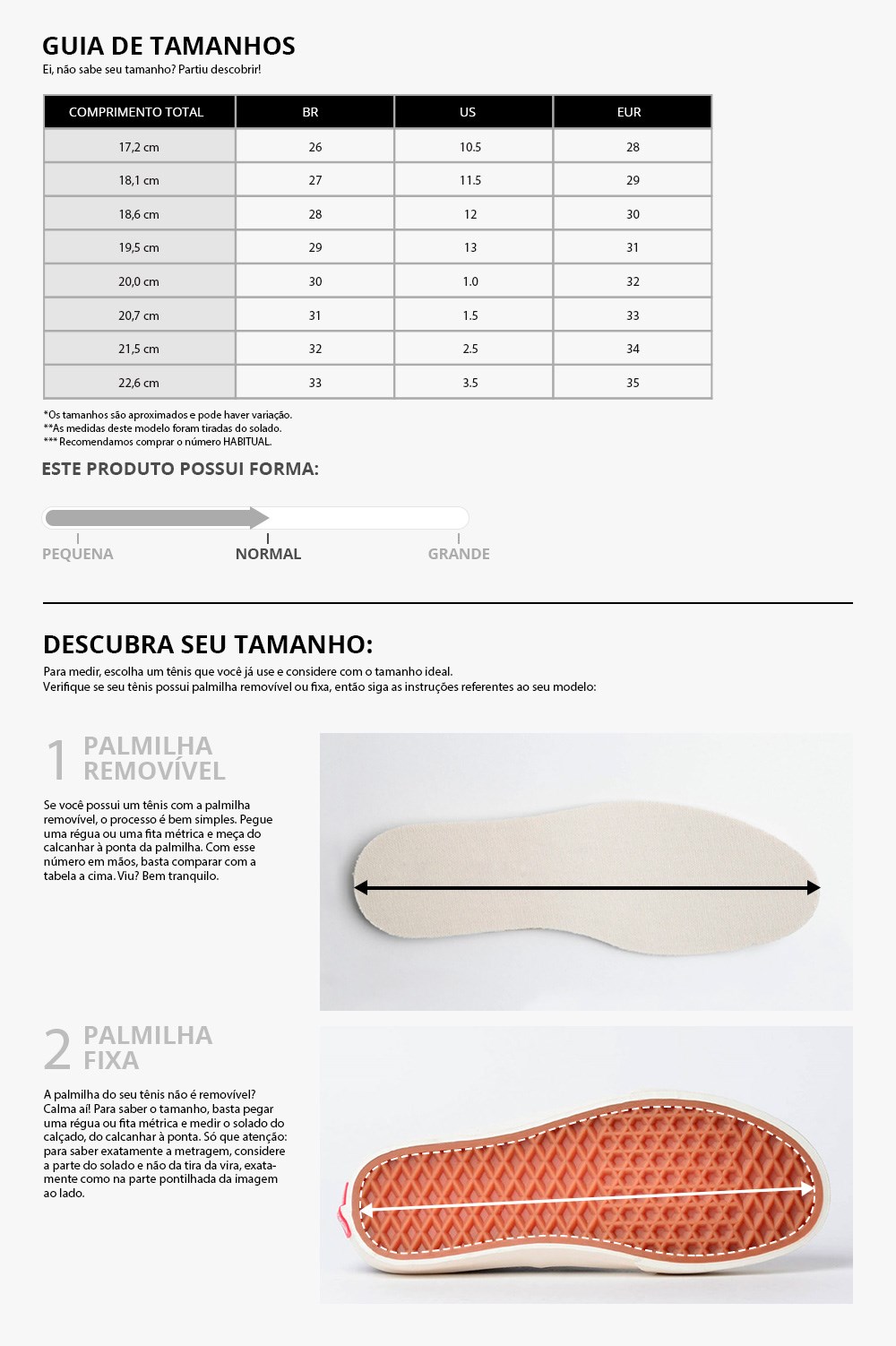 tabela de medidas Vans Infantil
