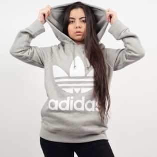 Moletom Adidas Feminino Trefoil Hoodie Capuz Cinza CY6665 Moletom Adidas Feminino Trefoil Hoodie Capuz Cinza CY6665