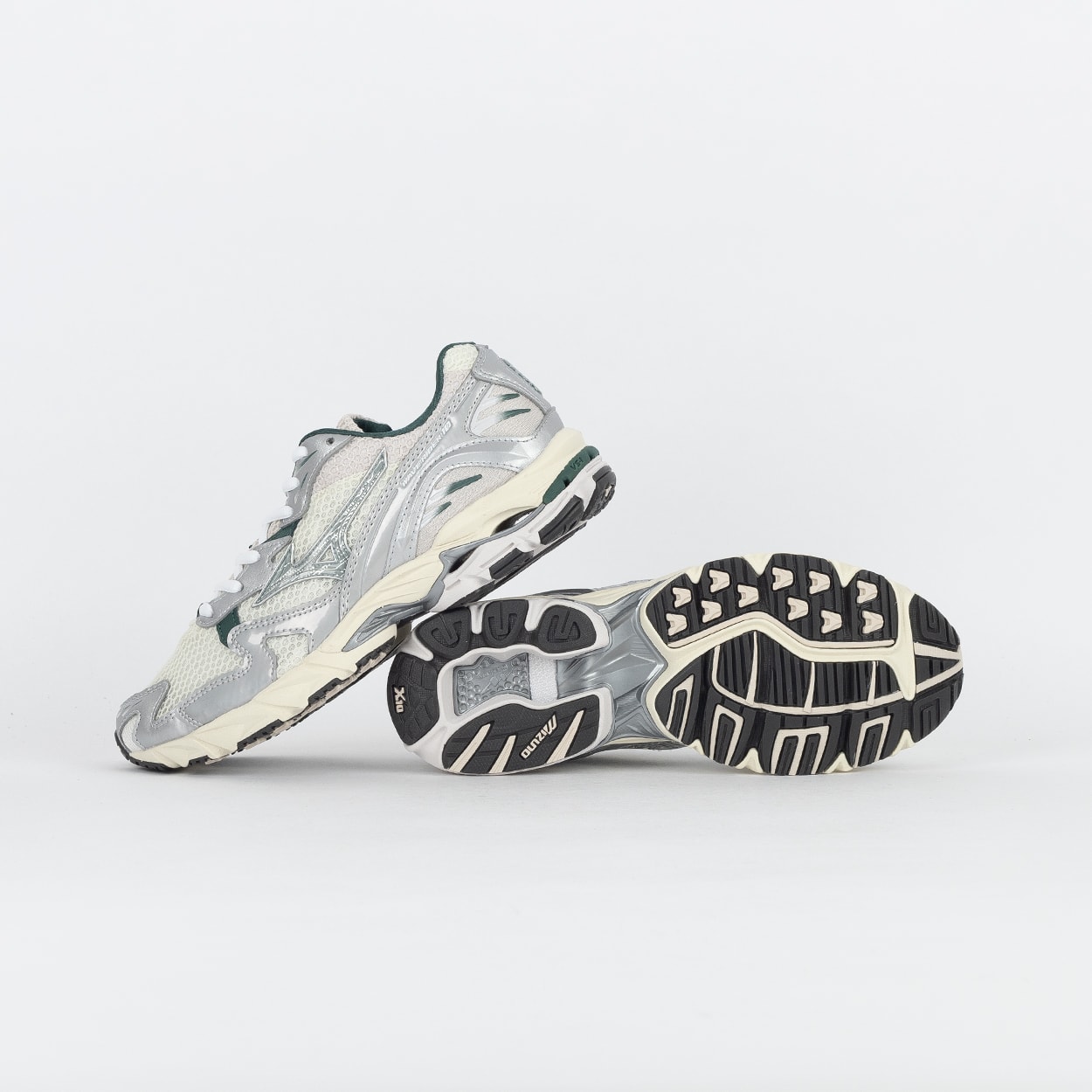 美品✨MIZUNO 25.5 WAVE RIDER 10 GRAY WHITE Tênis Mizuno Wave Rider 10 Sport Branco Prata Verde Petroleo