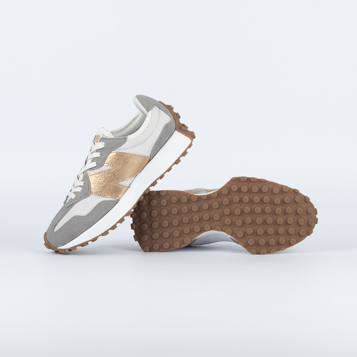 Tênis New Balance 327 V1 Cinza Claro Metalic Gold W3271ZN