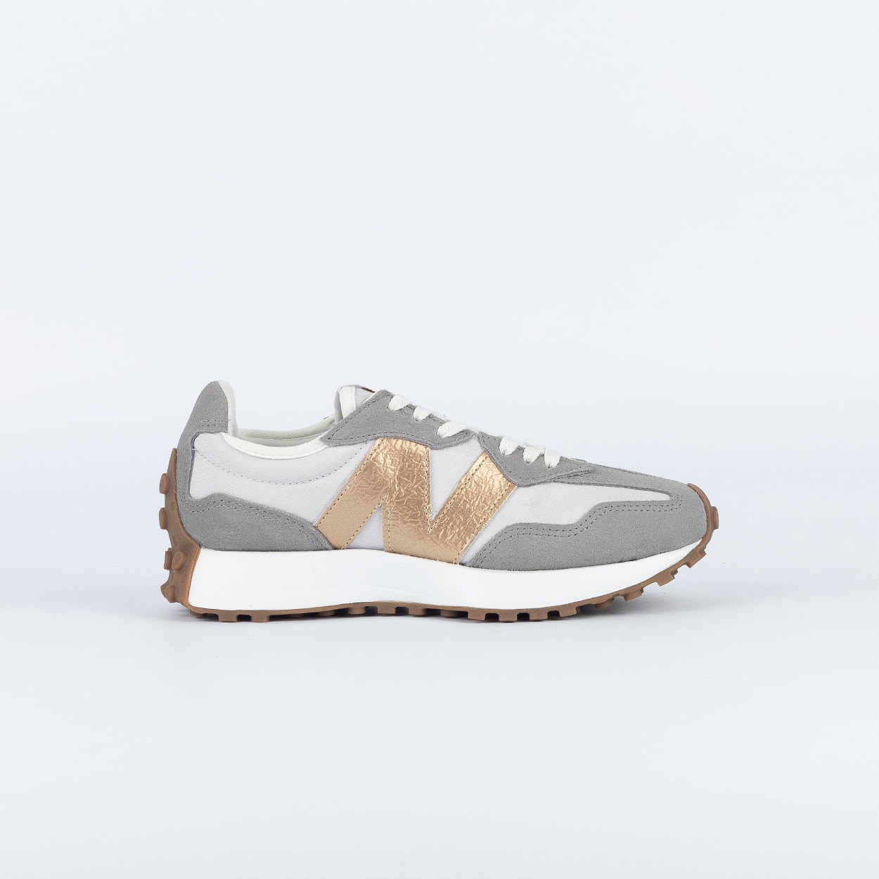 Tênis New Balance 327 V1 Cinza Claro Metalic Gold W3271ZN