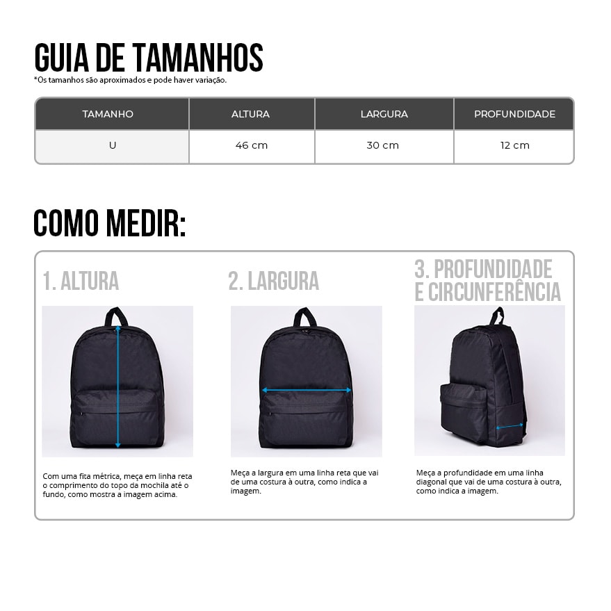  tabela de medidas mochila Converse