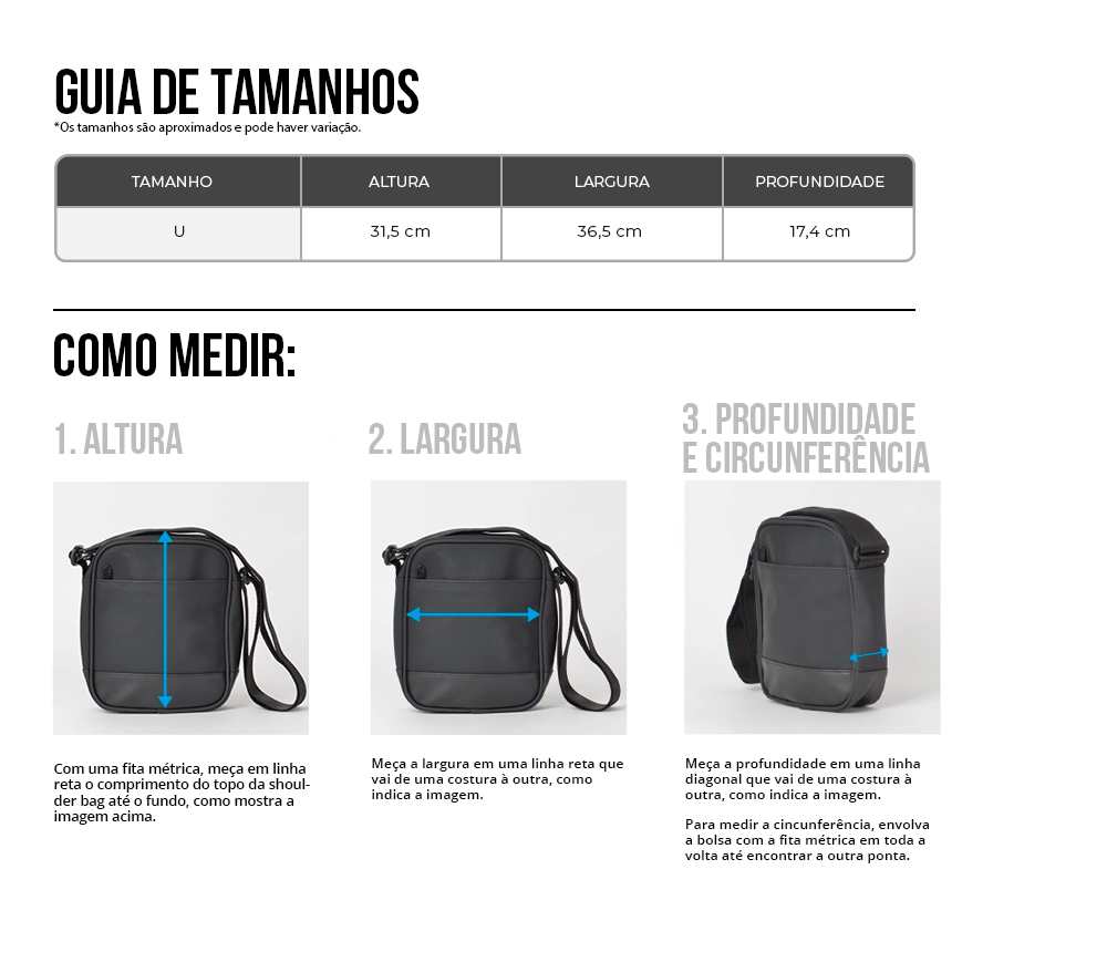  tabela de medidas Bolsa On