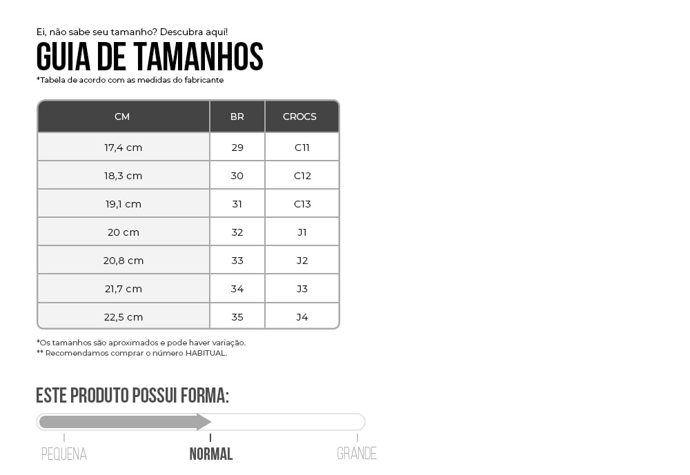 tabela de medidas Crocs