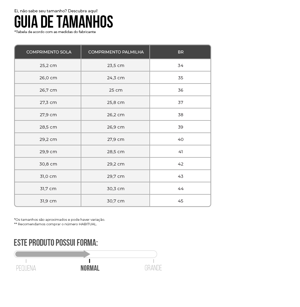 tabela de medidas Bamba