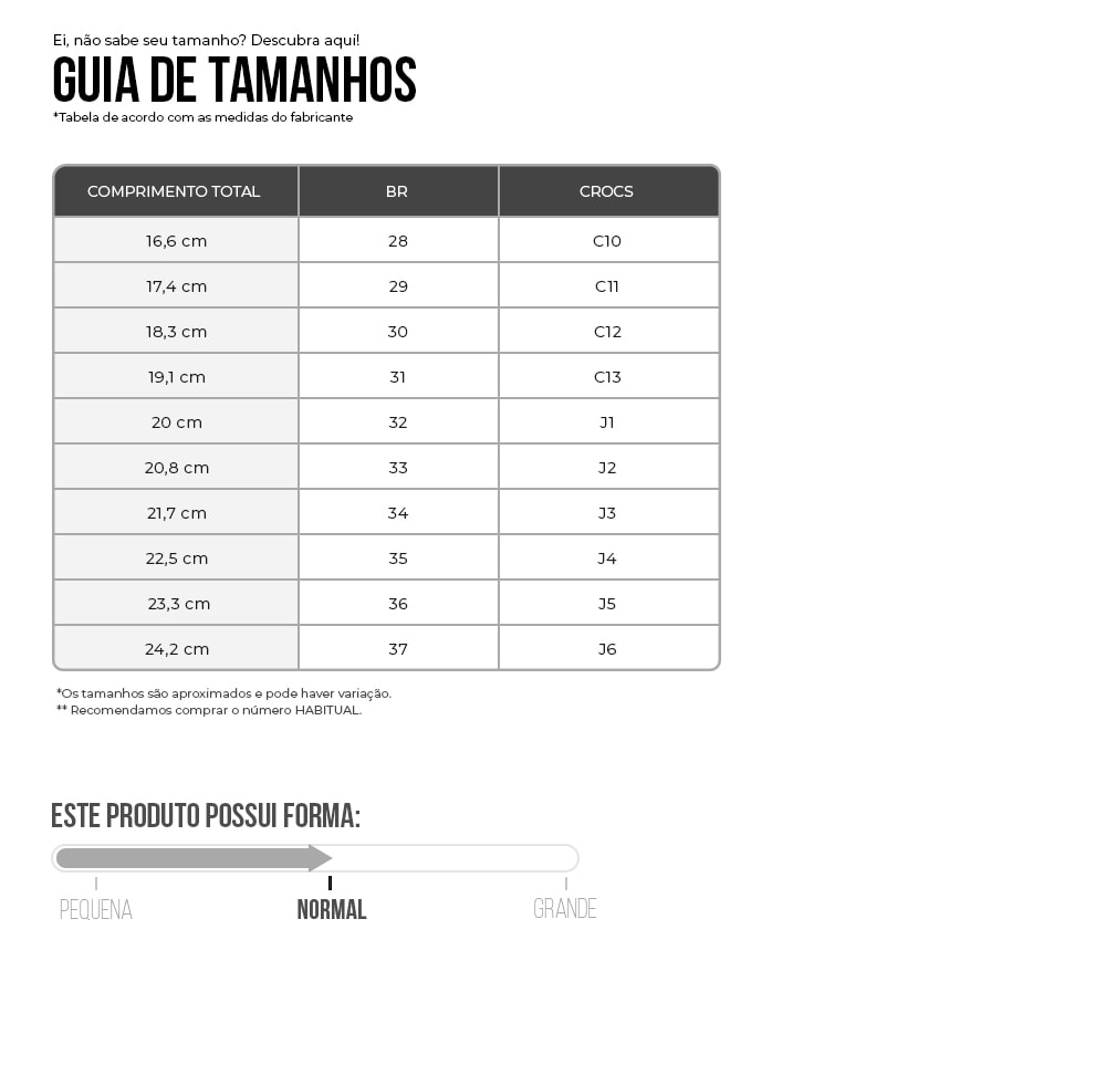 tabela de medidas Crocs
