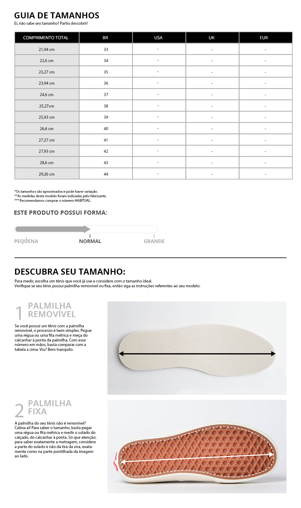tabela de medidas Fila