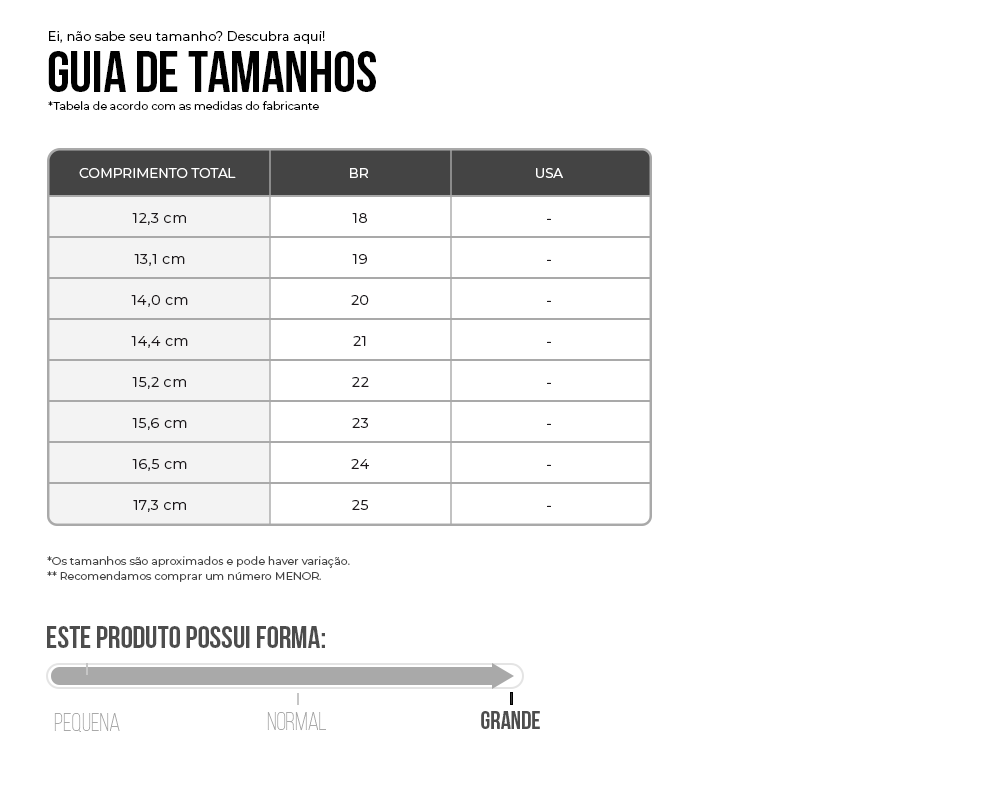 tabela de medidas Converse Star Infantil