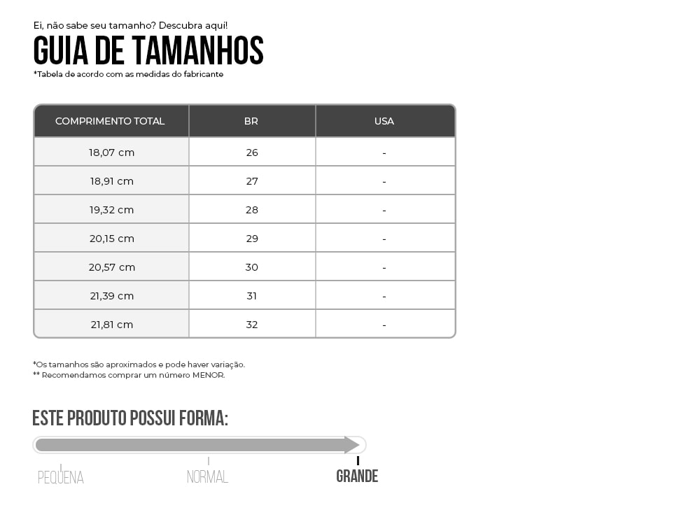  tabela de medidas Converse Kids 26 ao 32