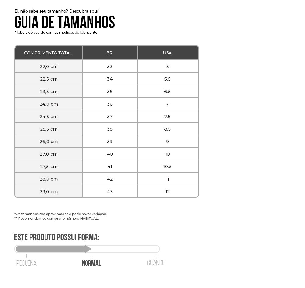  tabela de medidas Tênis On 