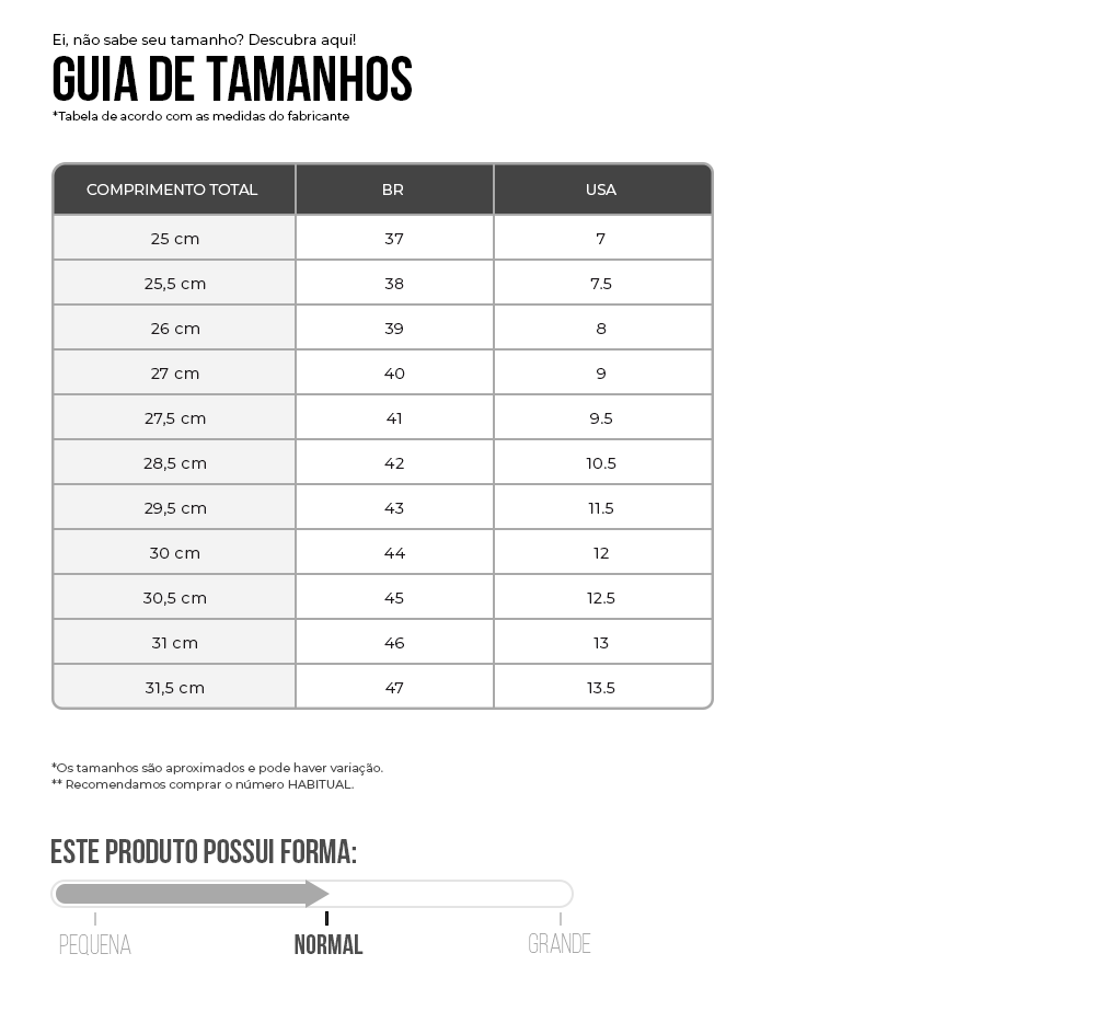  tabela de medidas Tênis On 