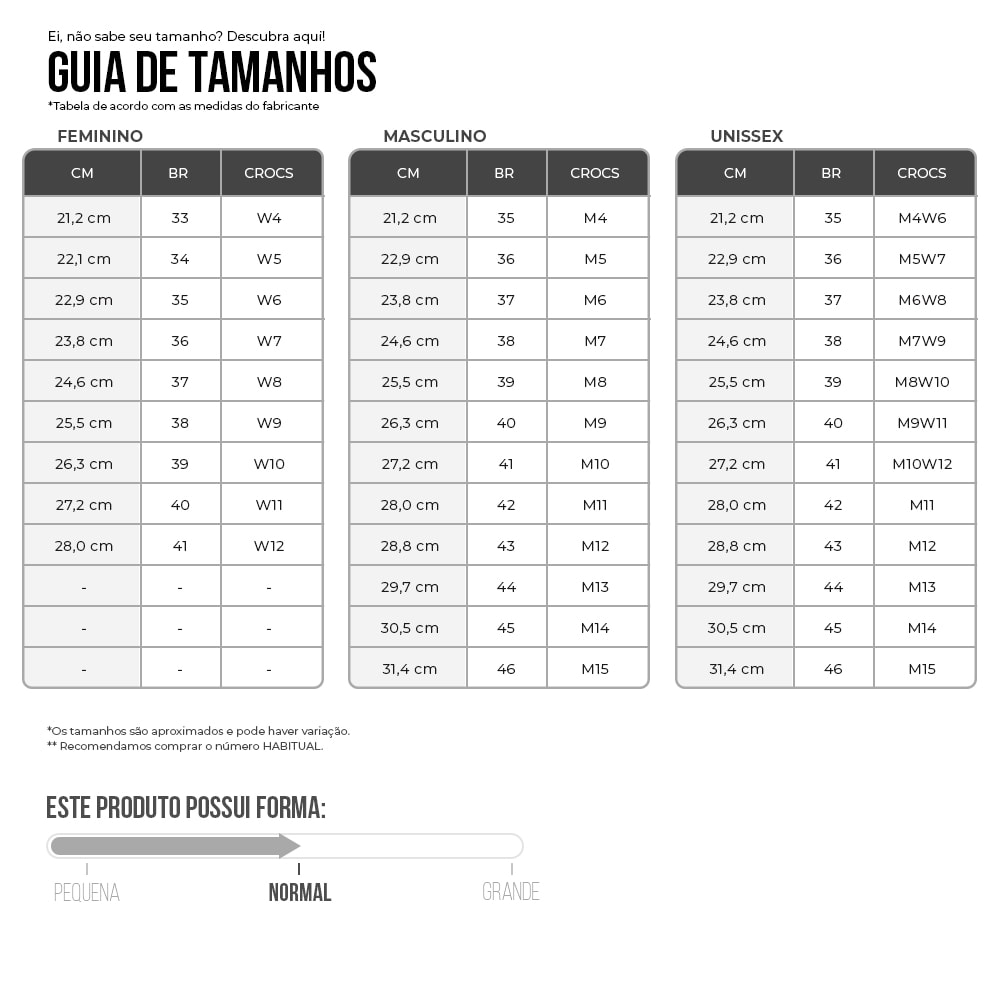 tabela de medidas Crocs