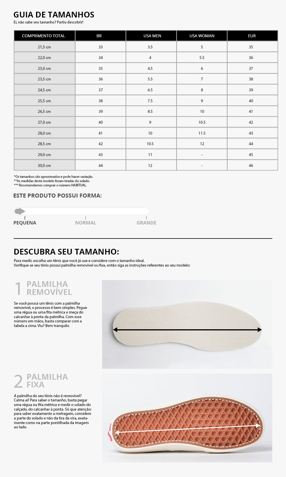 tabela de medidas Vans Unissex