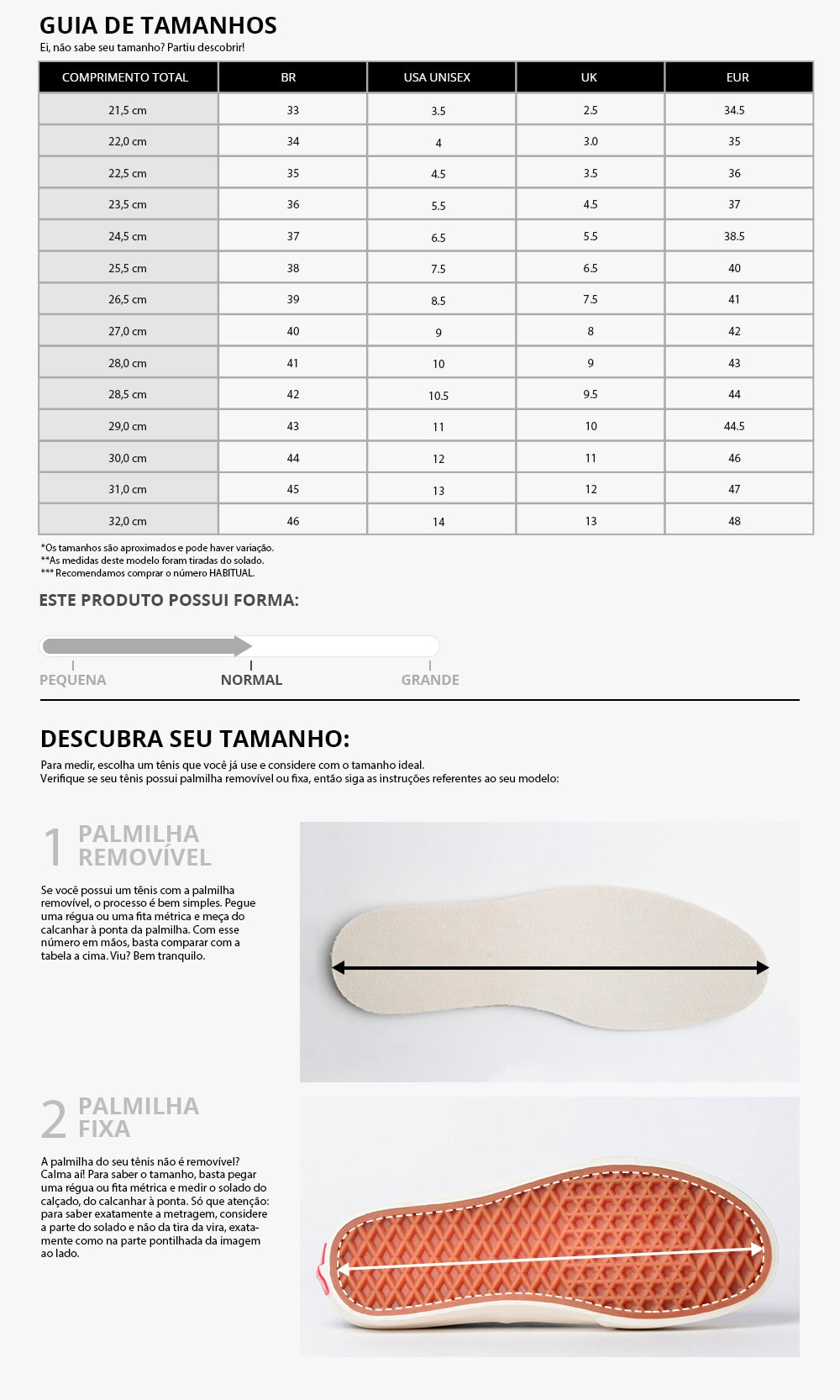 tabela de medidas Vans Unissex