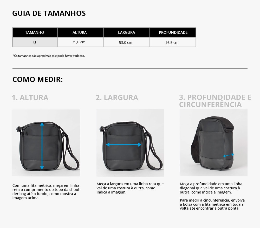  tabela de medidas Bolsa Vans